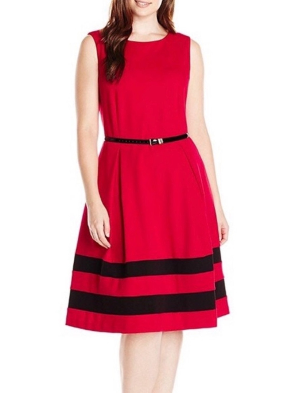 Calvin Klein Red Sleeveless Fit-and-Flare Dress with Black Stripes